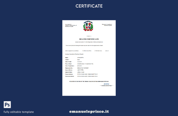 certificato di morte della Repubblica Dominicana in stile verificato modello Wor